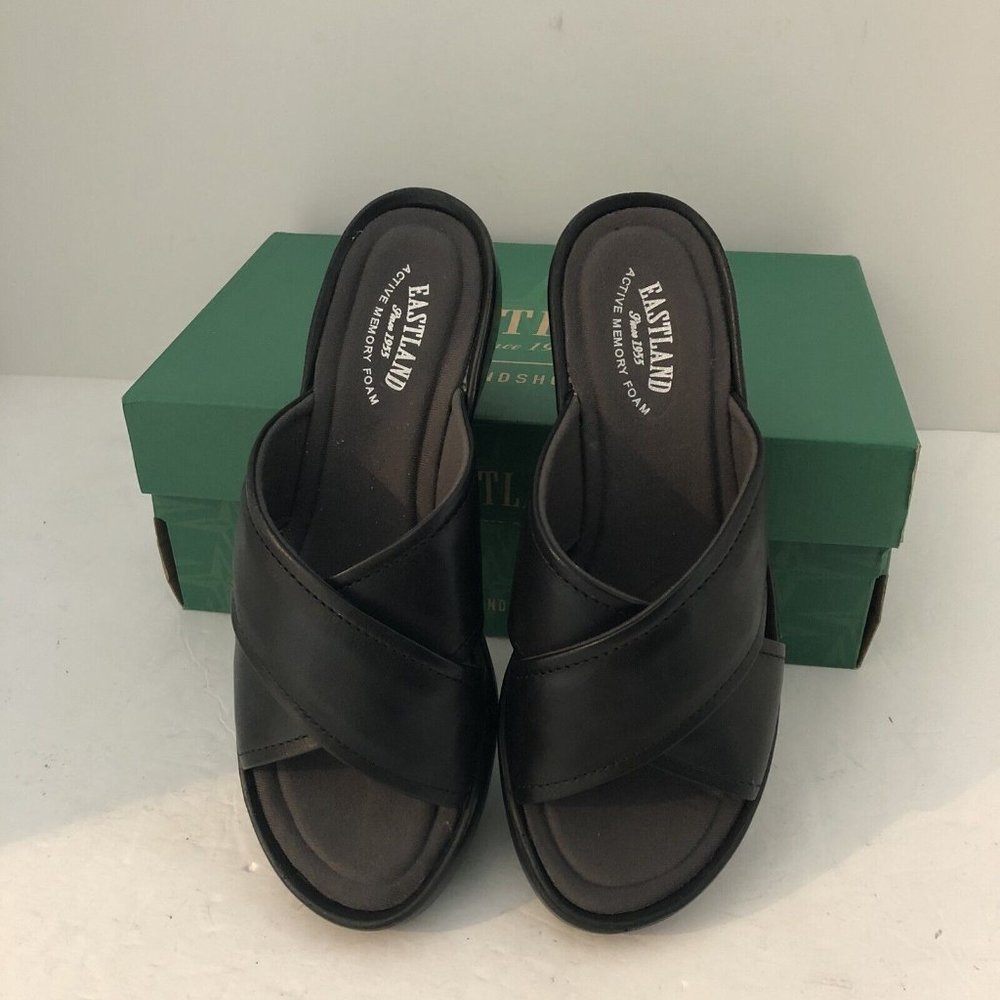 Eastland Candice Women Style Black Leather Chunky Heel Wedge Slides Sandal  Sz 7